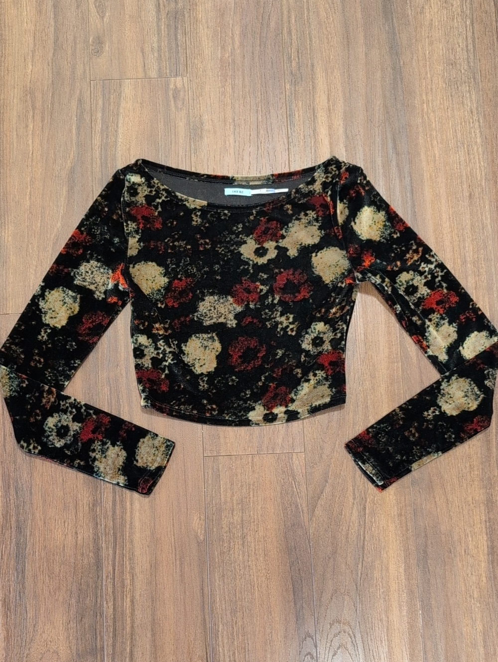 Velvet Floral Crop Top - Black with Red & Gold Accents